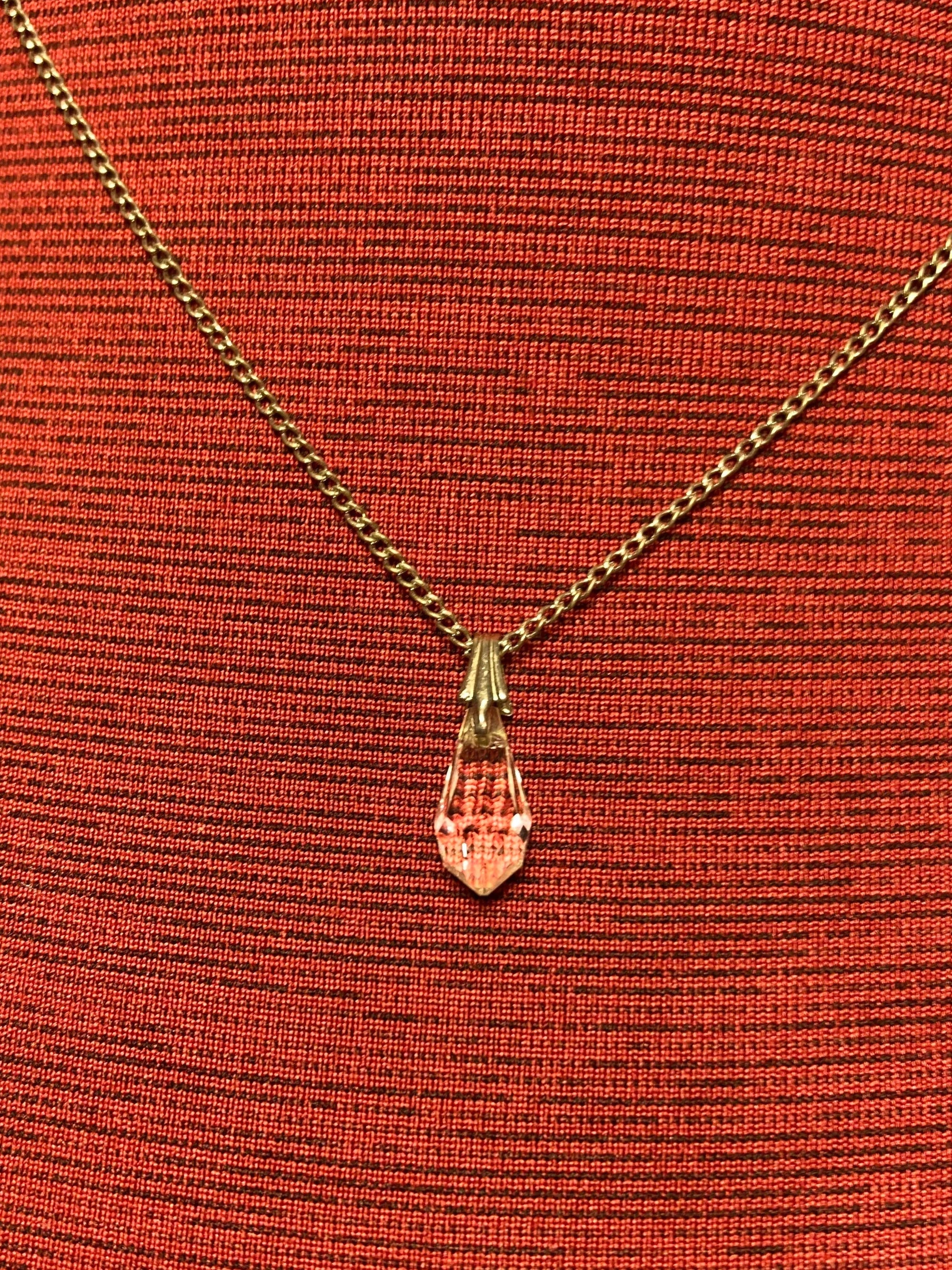 Vintage, silver tone chain and crystal pendant necklace 18 inches