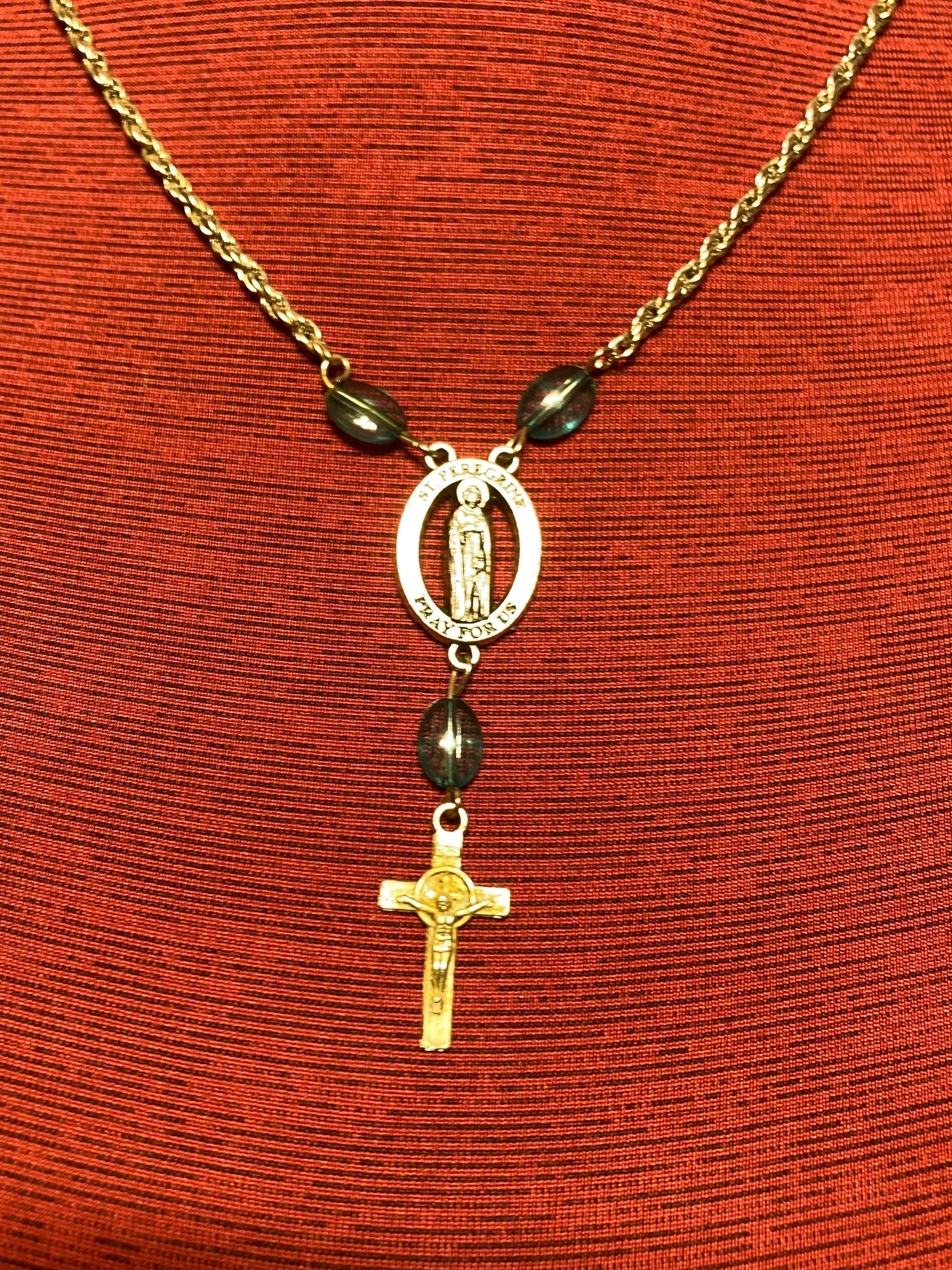 Vintage Saint peregrine, medal necklace, silver toned, 22 inch blue beads Saint Benedict. Cross Rosary.