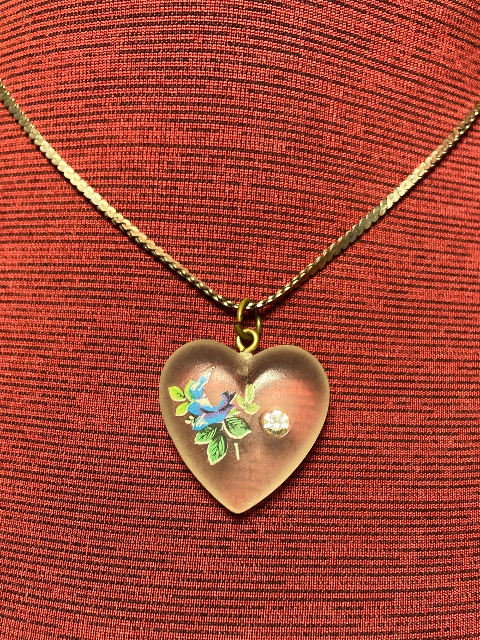 Vintage Frosted Heart with Blue Flower and CZ embedded in glass heart on a 16" 925 Sterling Silver chain