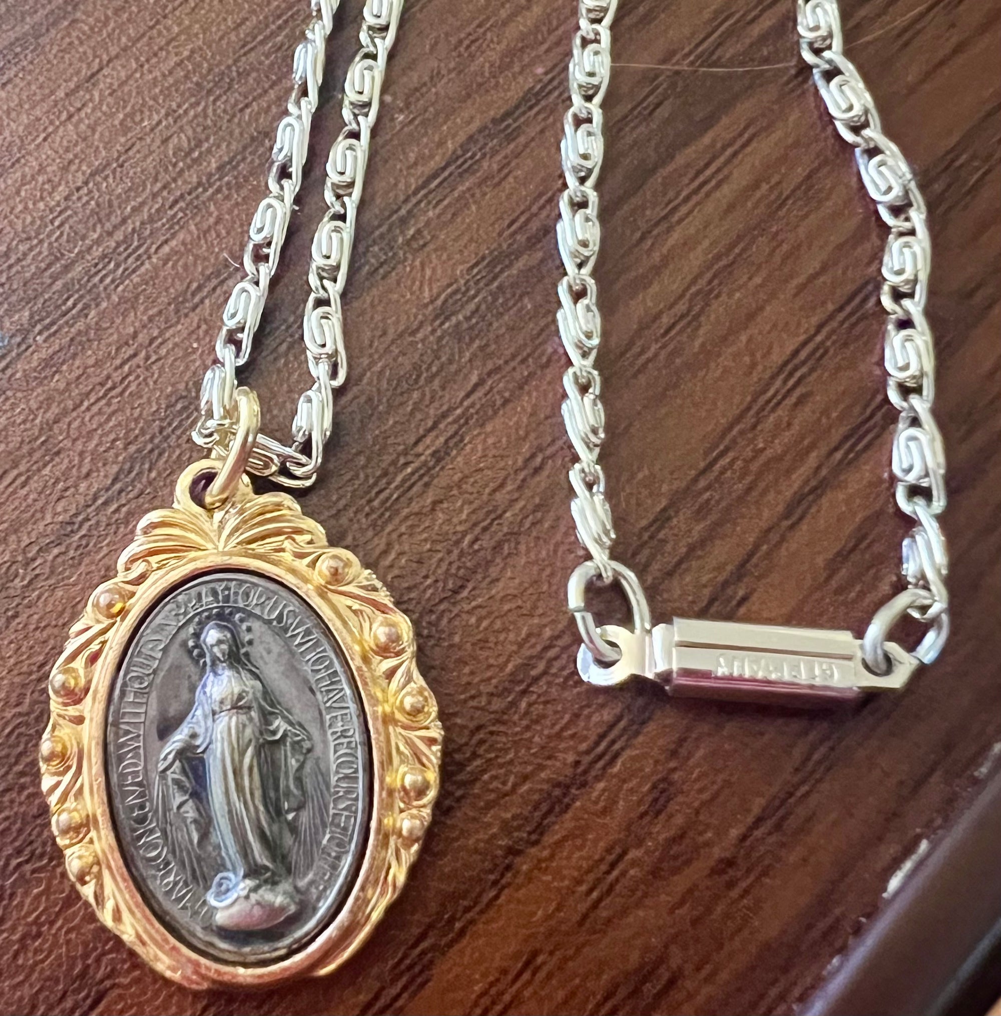 Miraculous medal pendant, Virgin Mary, blessed mother, vintage, catholic gift on gold tone chain from Germany