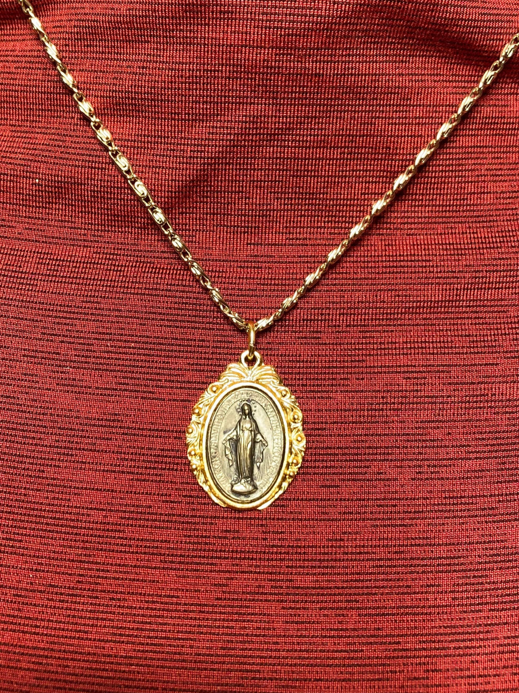 Miraculous medal pendant, Virgin Mary, blessed mother, vintage, catholic gift on gold tone chain from Germany