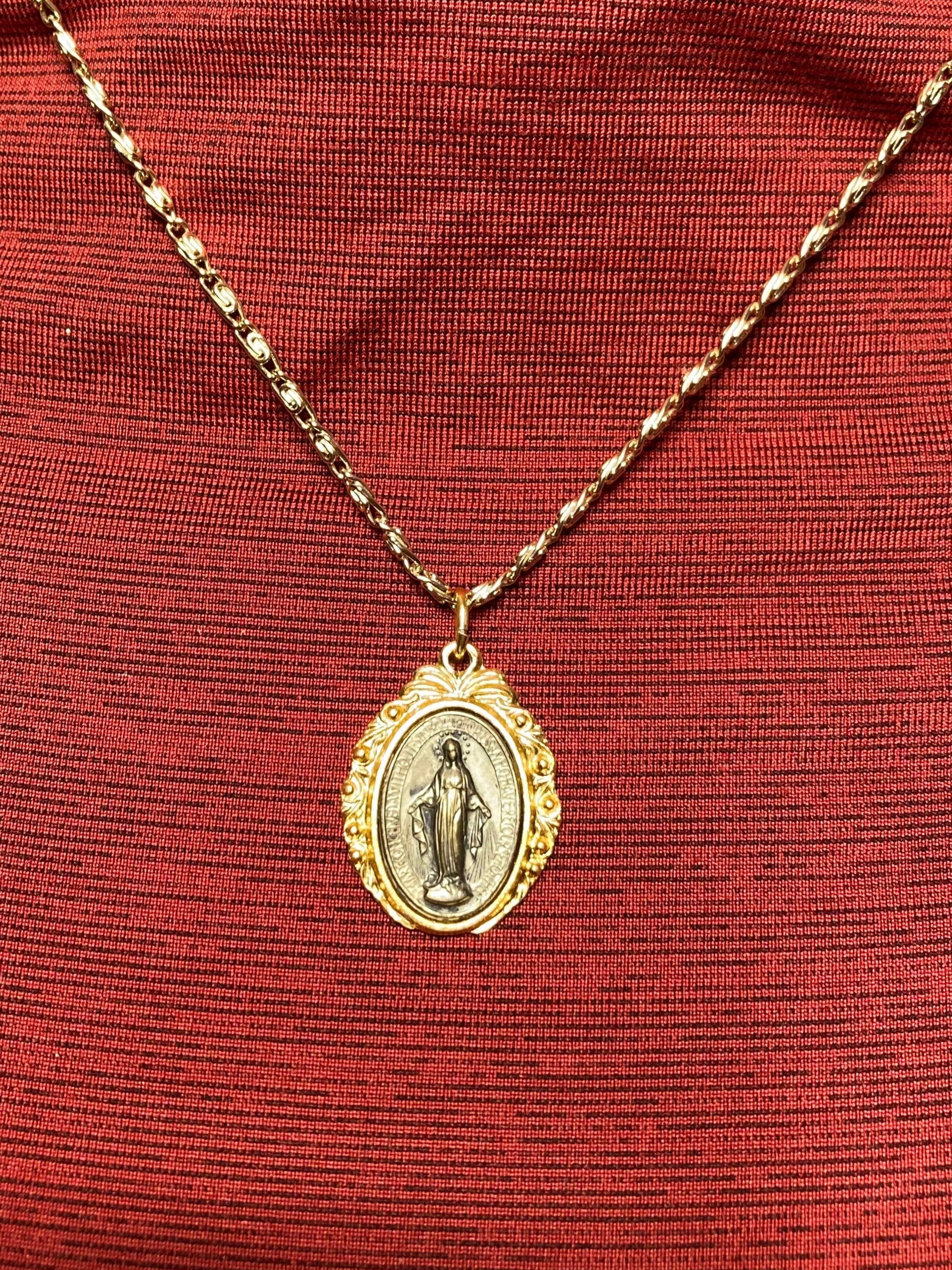Miraculous medal pendant, Virgin Mary, blessed mother, vintage, catholic gift on gold tone chain from Germany