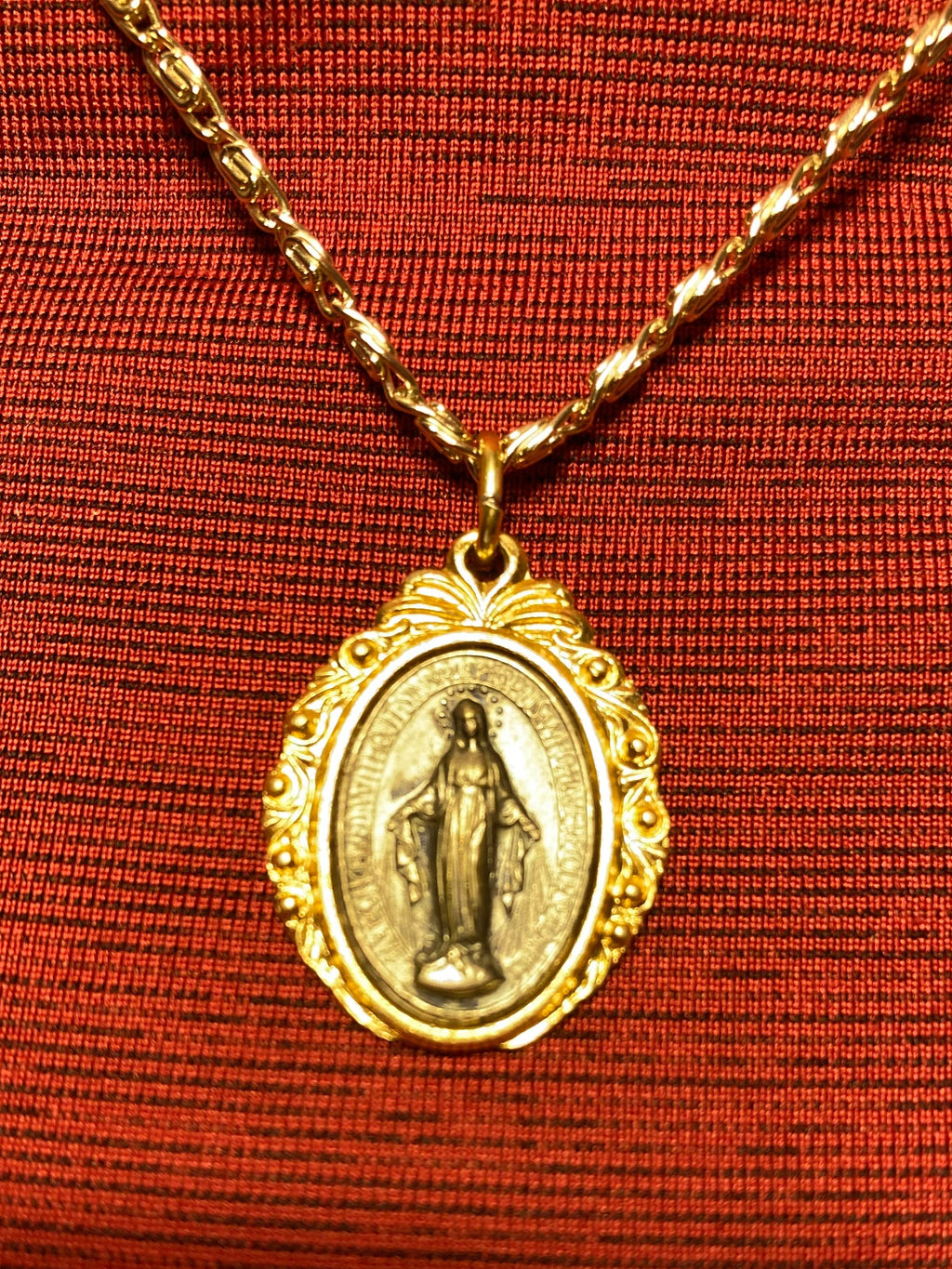 Miraculous medal pendant, Virgin Mary, blessed mother, vintage, catholic gift on gold tone chain from Germany