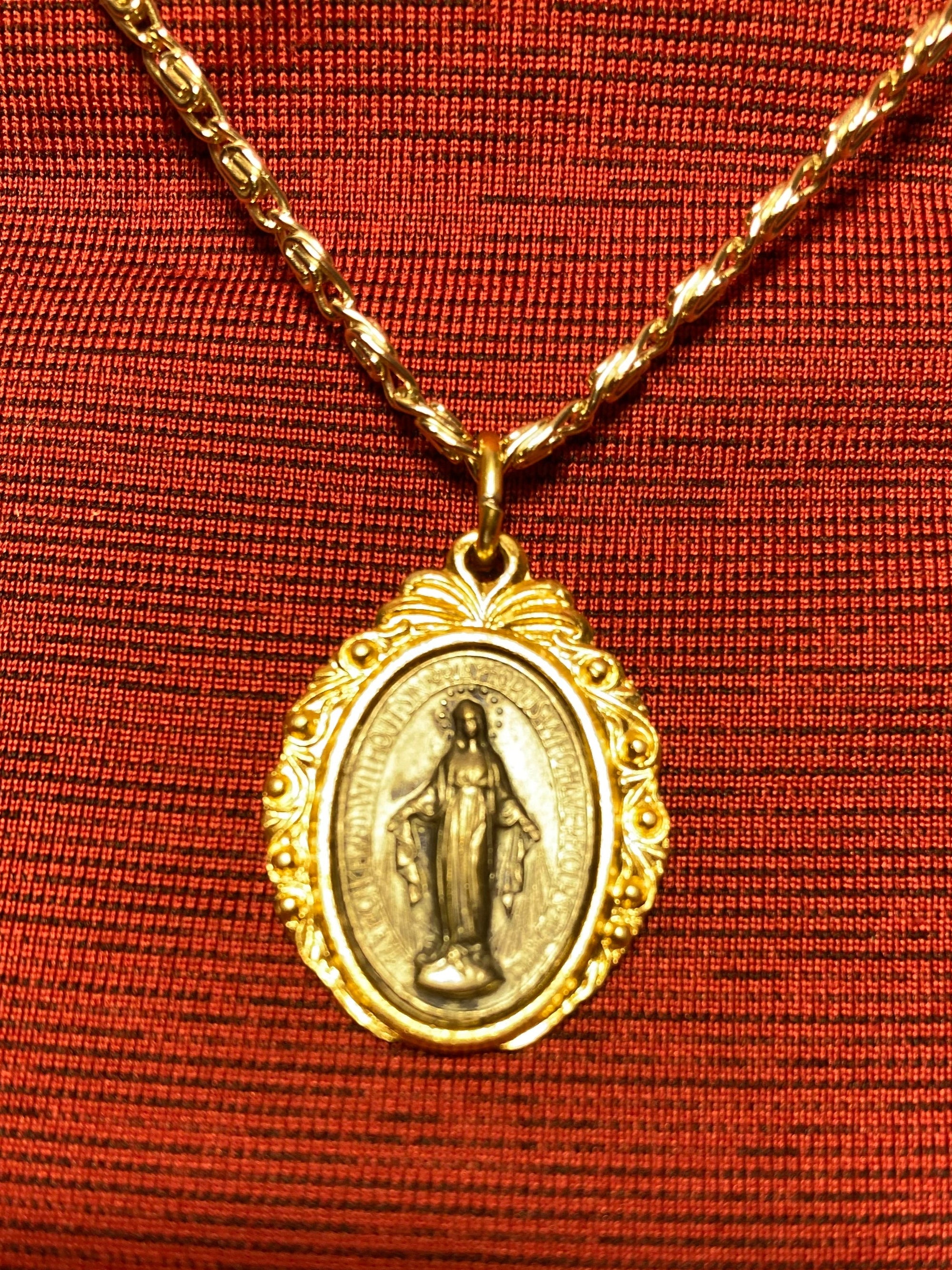 Miraculous medal pendant, Virgin Mary, blessed mother, vintage, catholic gift on gold tone chain from Germany