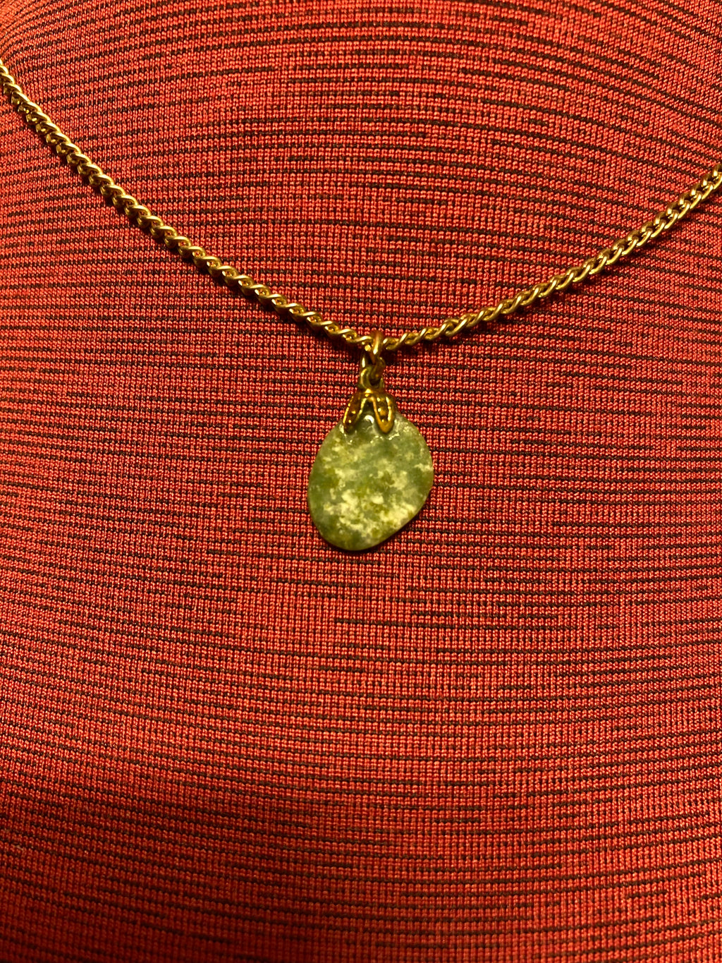 Vintage goldtone, pendant, necklace, natural green stone, 18 inch in length