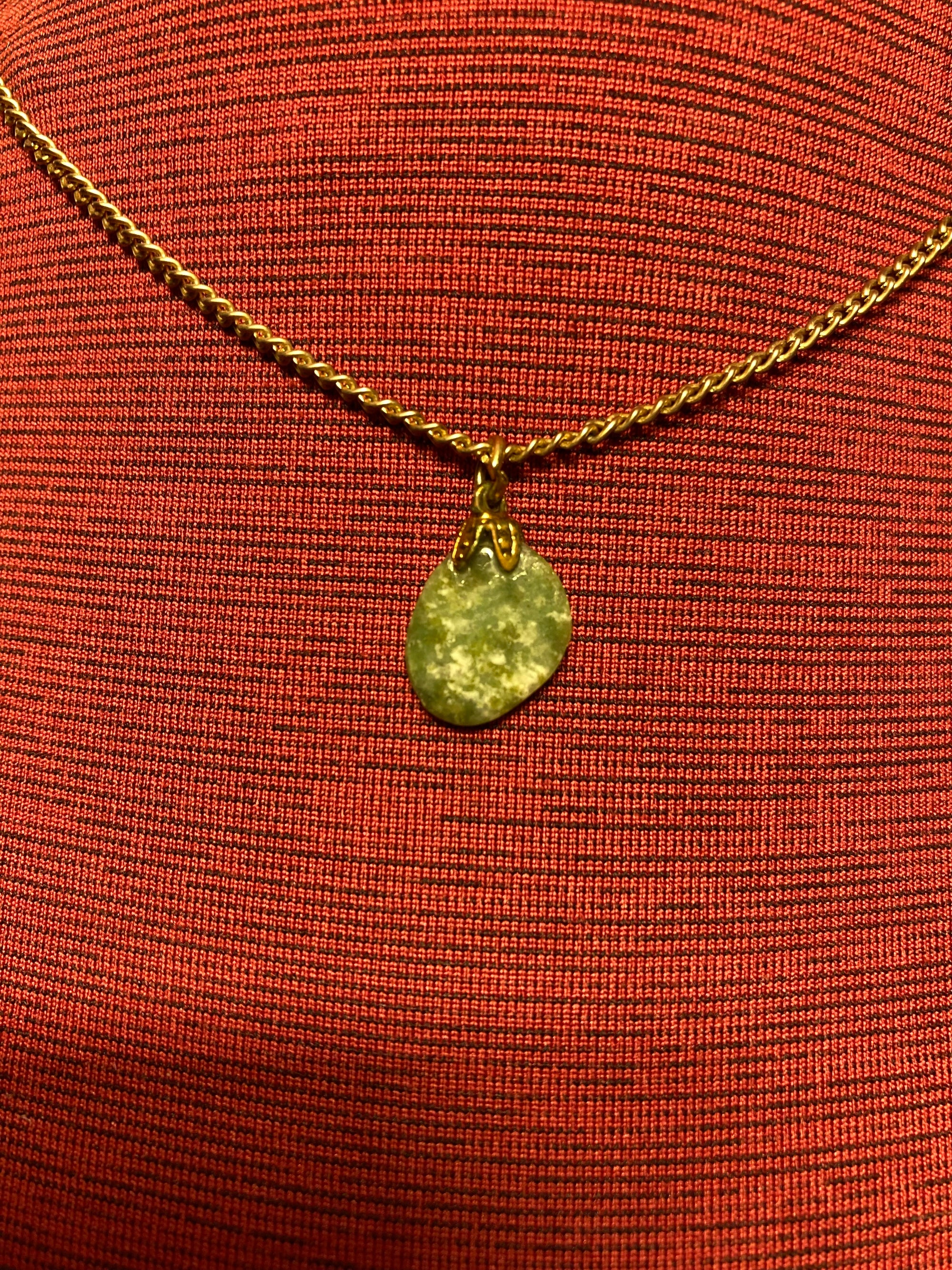 Vintage goldtone, pendant, necklace, natural green stone, 18 inch in length