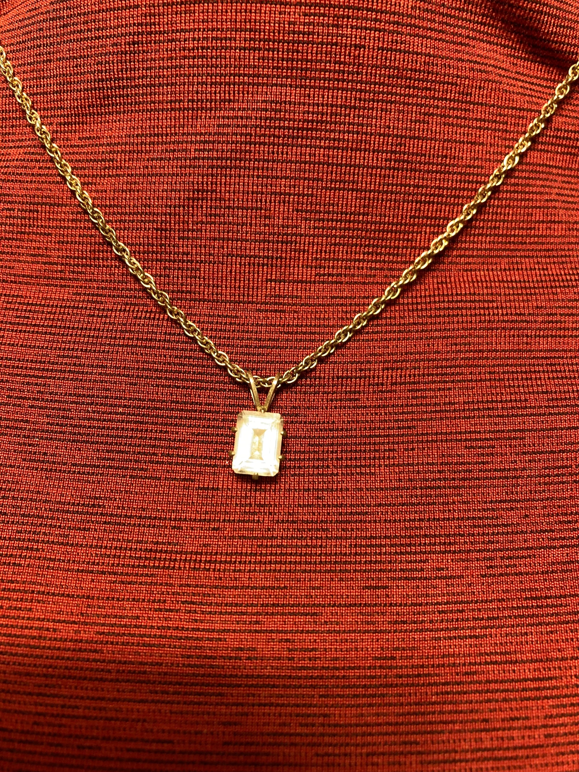 Vintage gold, plated, 925 sterling silver and cubic Zirconia emerald, cut pendant 18 inch length