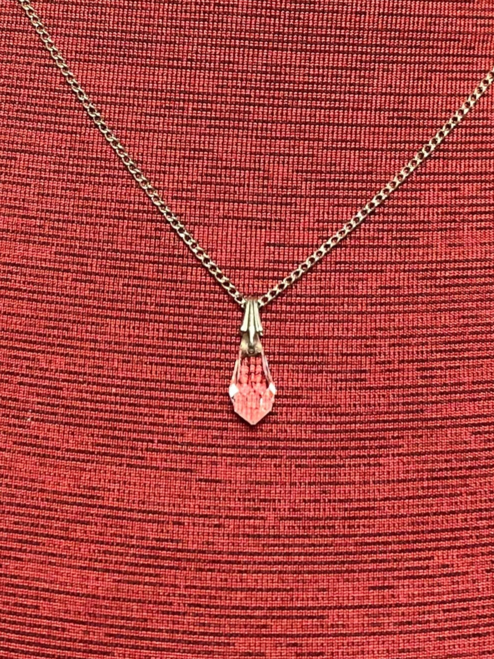 Vintage, silver tone chain and crystal pendant necklace 18 inches