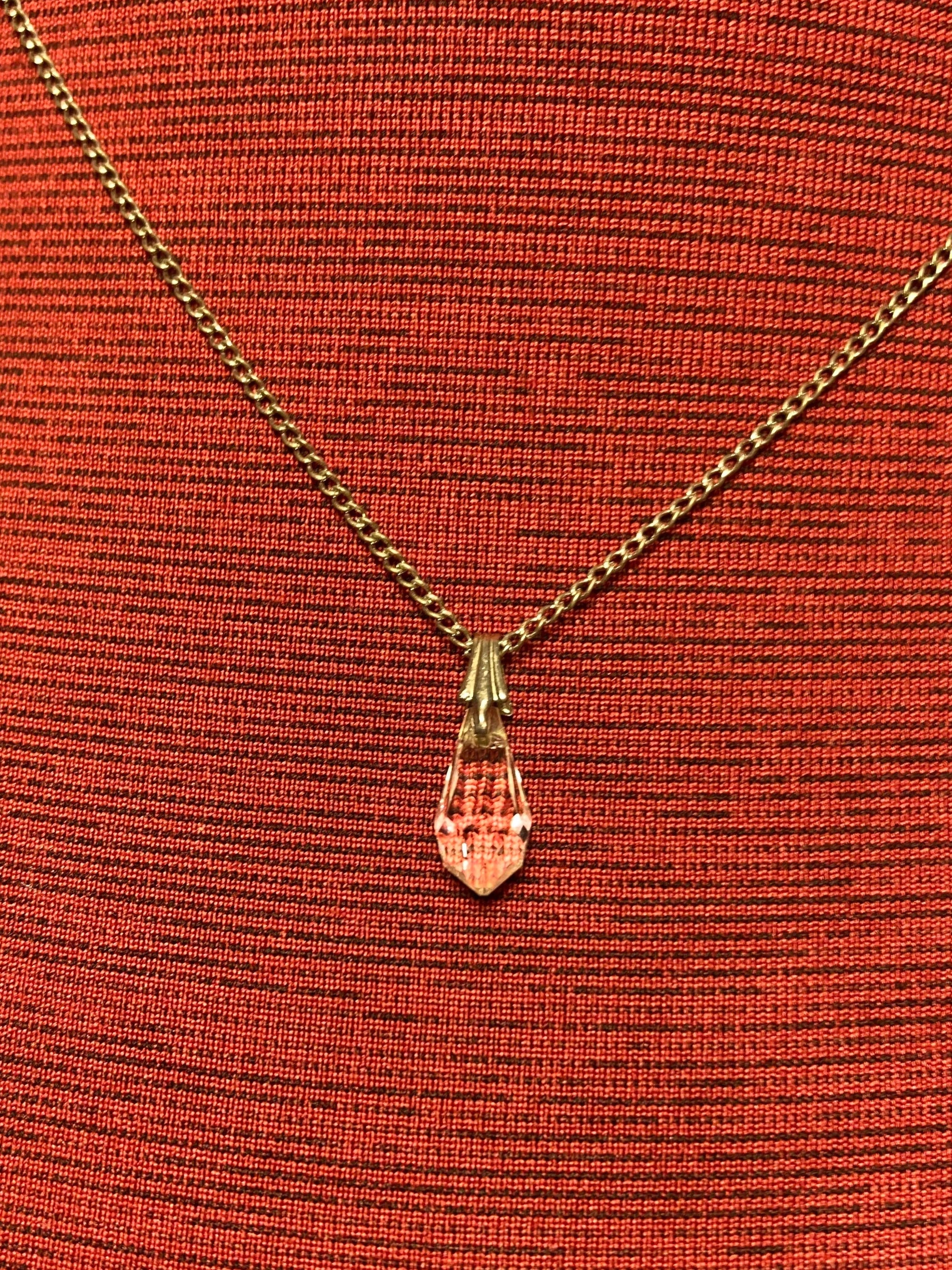 Vintage, silver tone chain and crystal pendant necklace 18 inches