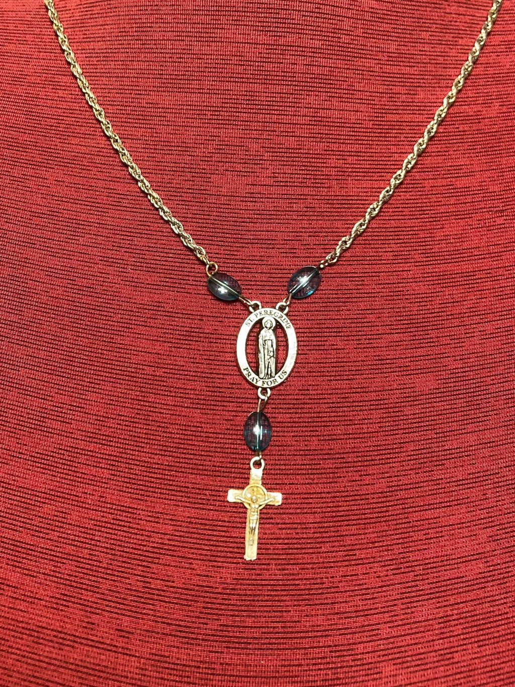 Vintage Saint peregrine, medal necklace, silver toned, 22 inch blue beads Saint Benedict. Cross Rosary.