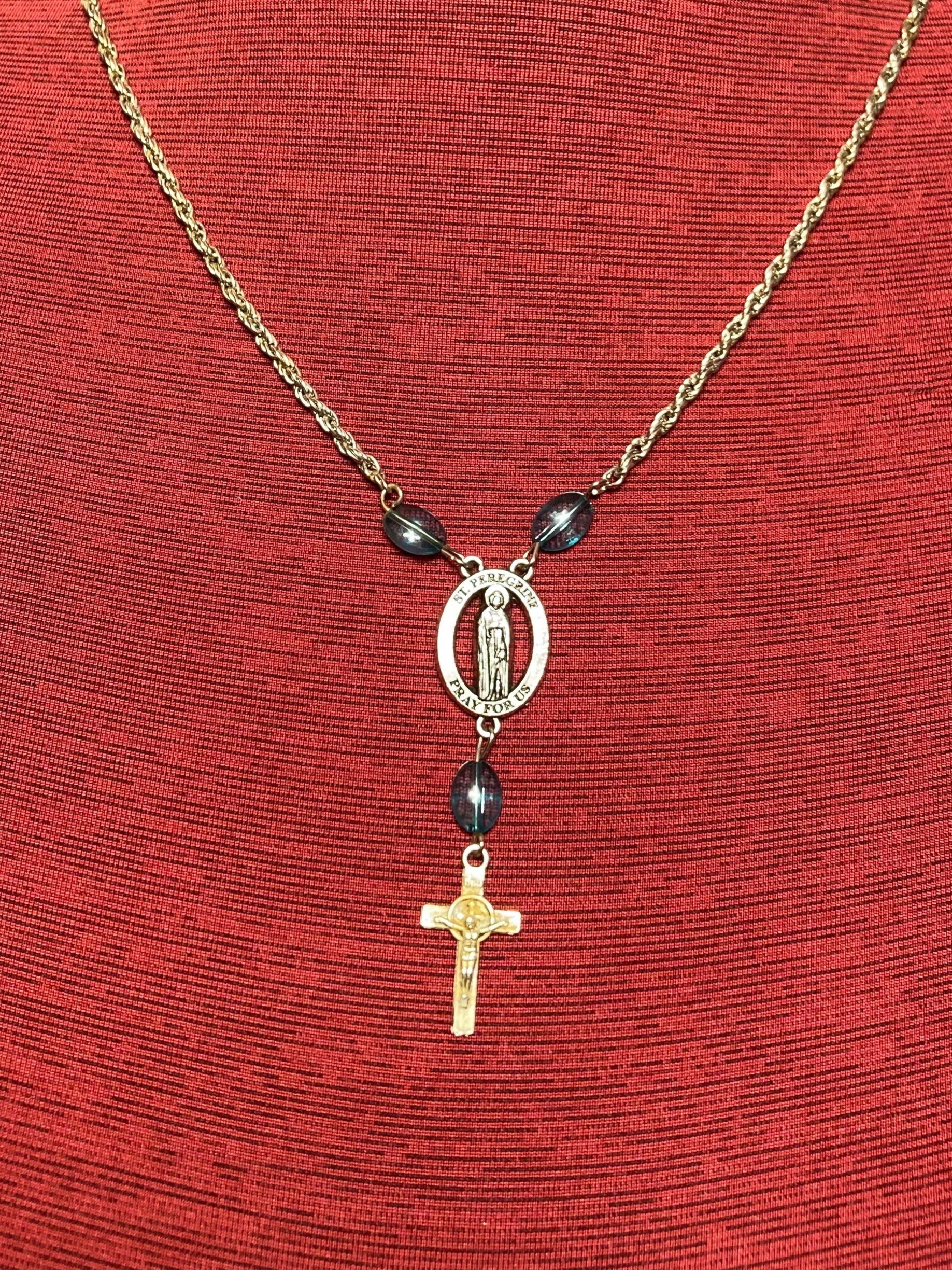 Vintage Saint peregrine, medal necklace, silver toned, 22 inch blue beads Saint Benedict. Cross Rosary.