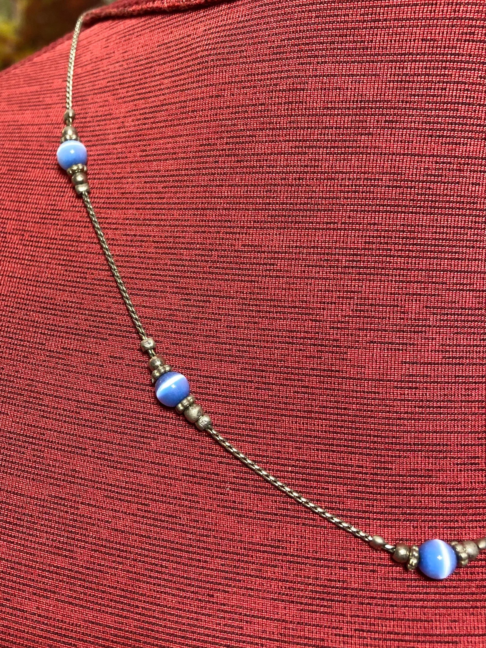 Vintage 19" Blue Cat's Eye stone station necklace