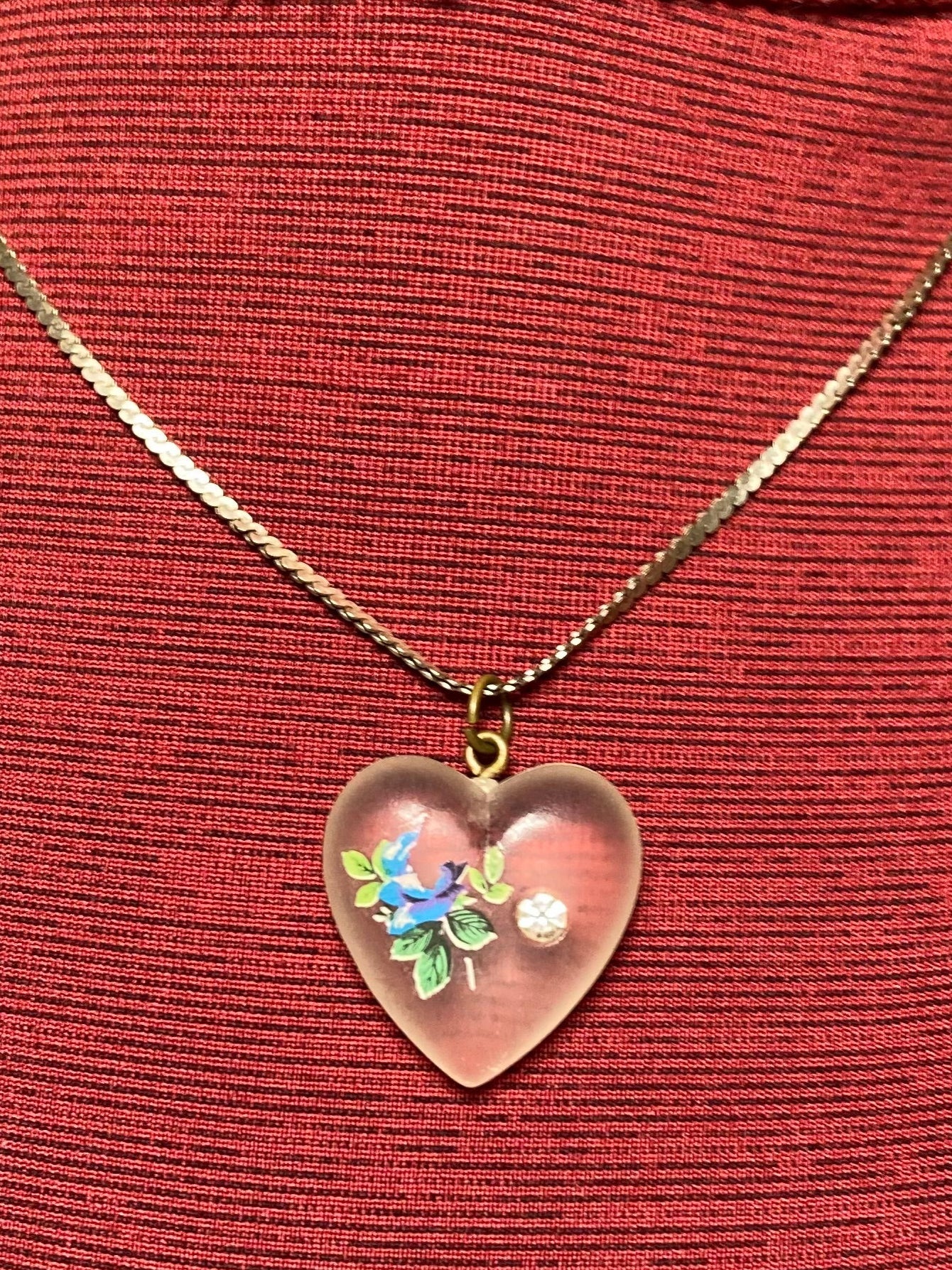 Vintage Frosted Heart with Blue Flower and CZ embedded in glass heart on a 16" 925 Sterling Silver chain