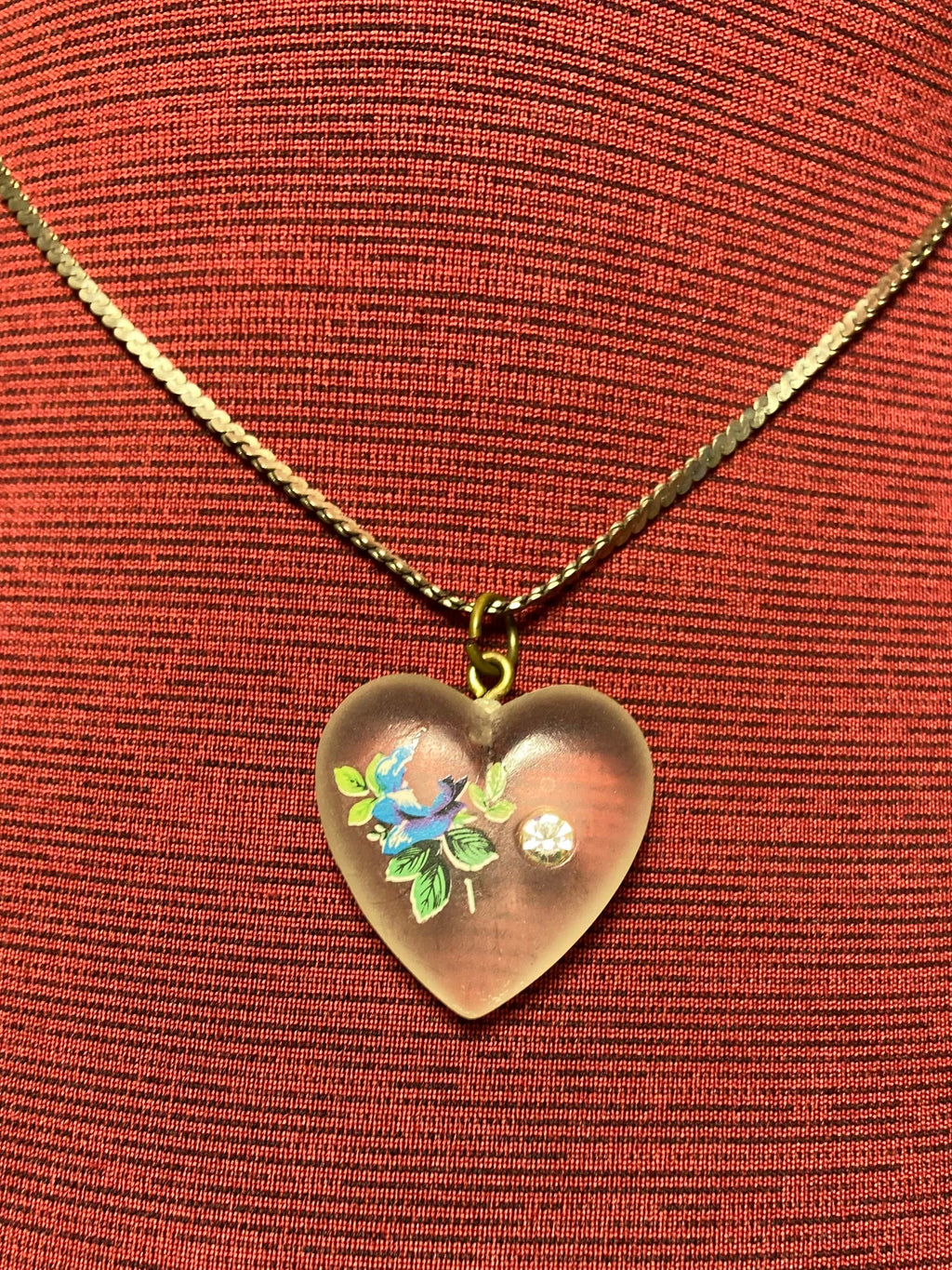 Vintage Frosted Heart with Blue Flower and CZ embedded in glass heart on a 16" 925 Sterling Silver chain