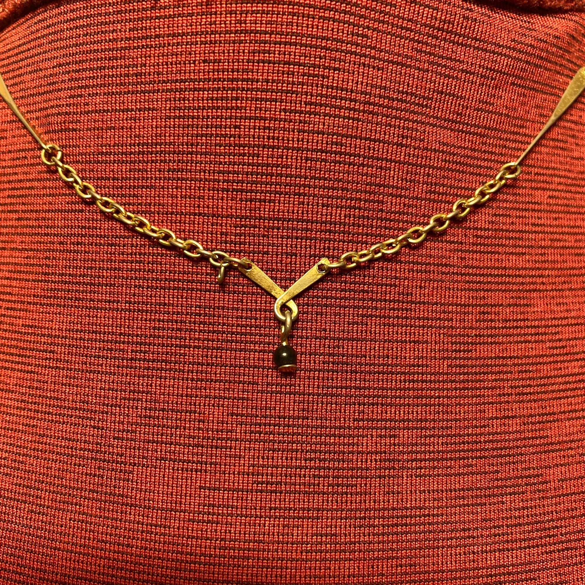 Vintage Avon, gold tone chain with twisted bar, vintage necklace and twisted bar pendant with hanging black bead 15 inch necklace