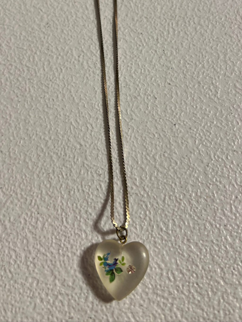 Vintage Frosted Heart with Blue Flower and CZ embedded in glass heart on a 16" 925 Sterling Silver chain