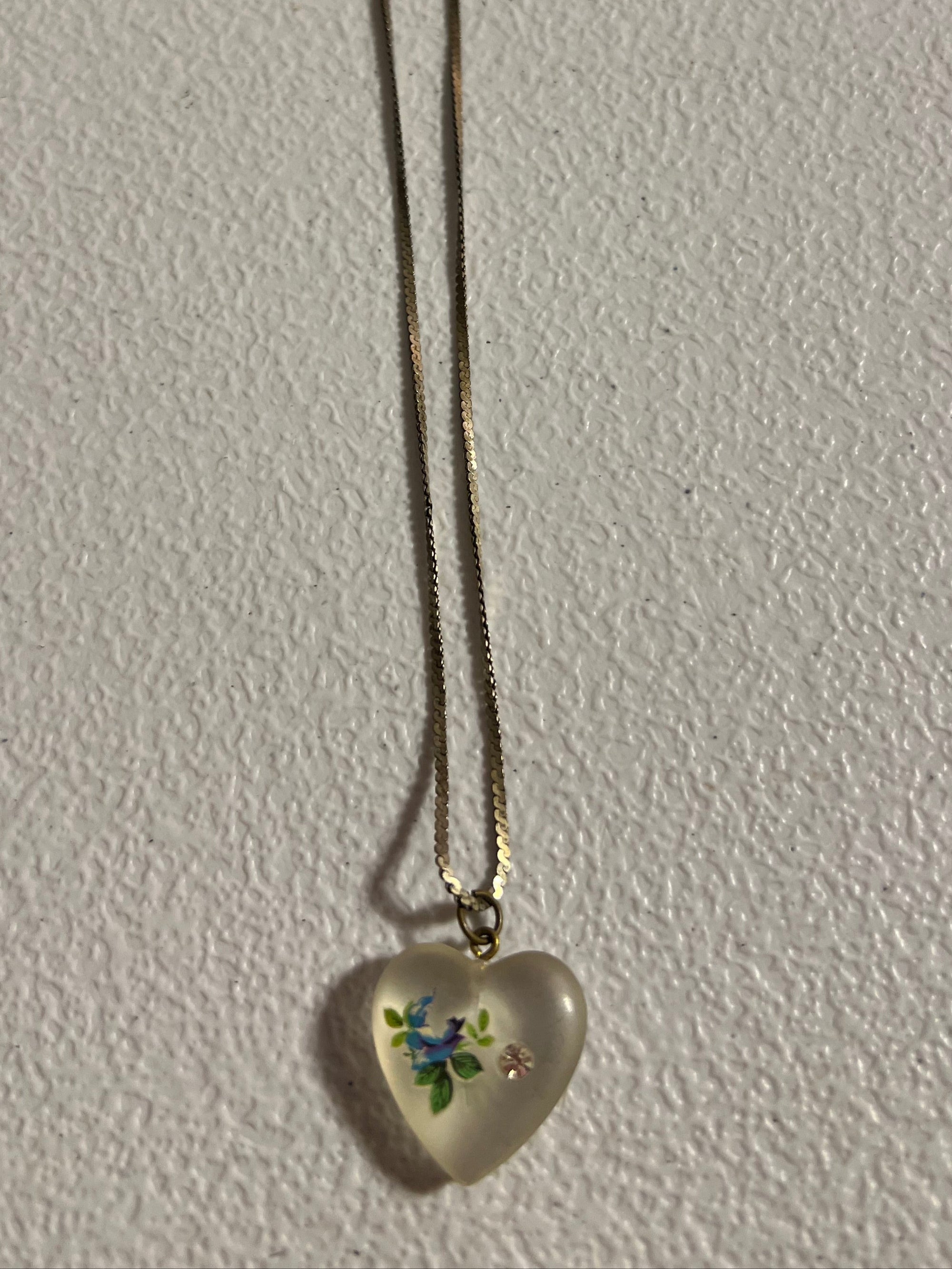 Vintage Frosted Heart with Blue Flower and CZ embedded in glass heart on a 16" 925 Sterling Silver chain
