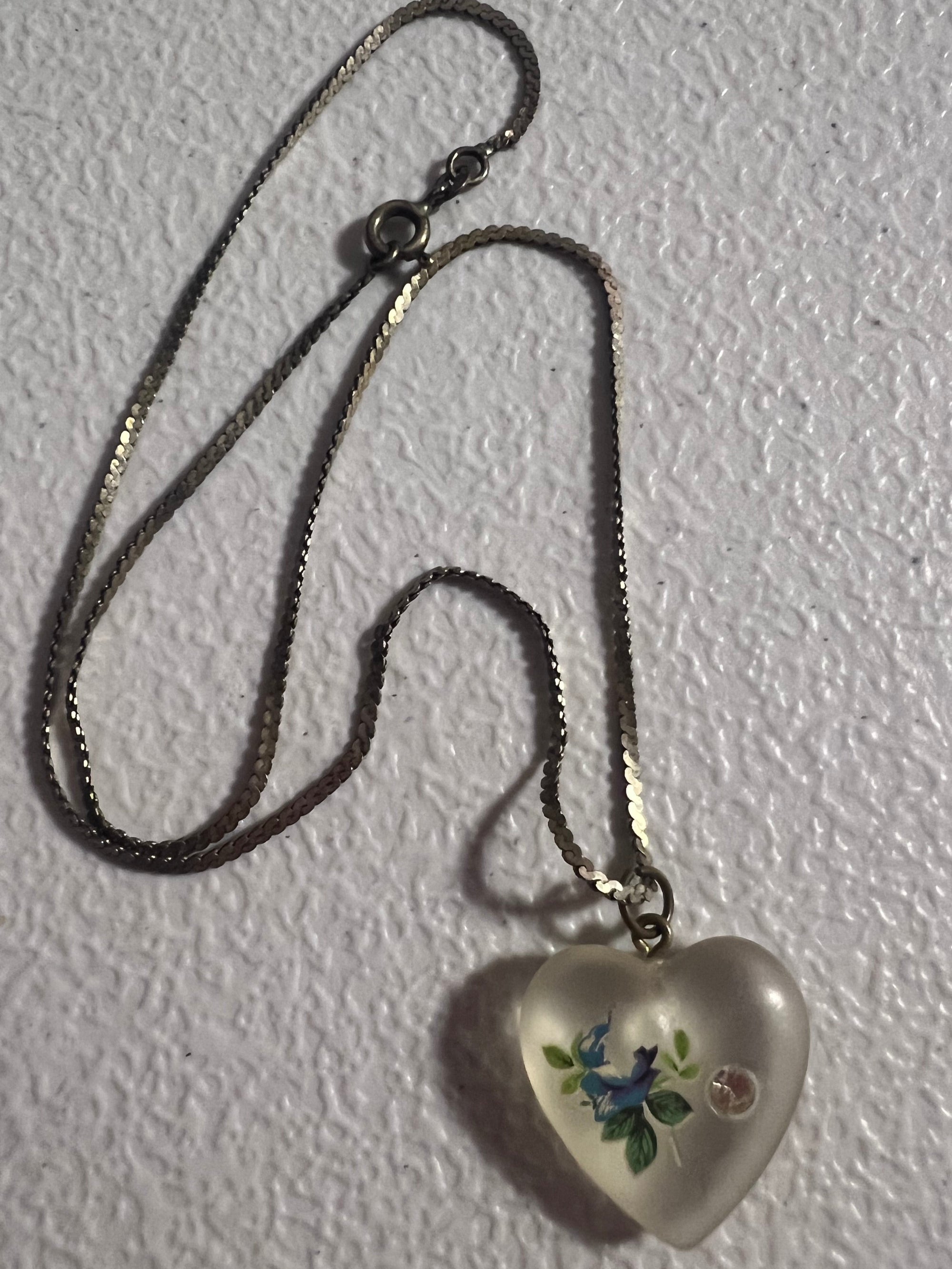 Vintage Frosted Heart with Blue Flower and CZ embedded in glass heart on a 16" 925 Sterling Silver chain
