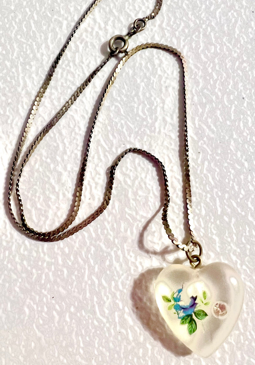 Vintage Frosted Heart with Blue Flower and CZ embedded in glass heart on a 16" 925 Sterling Silver chain
