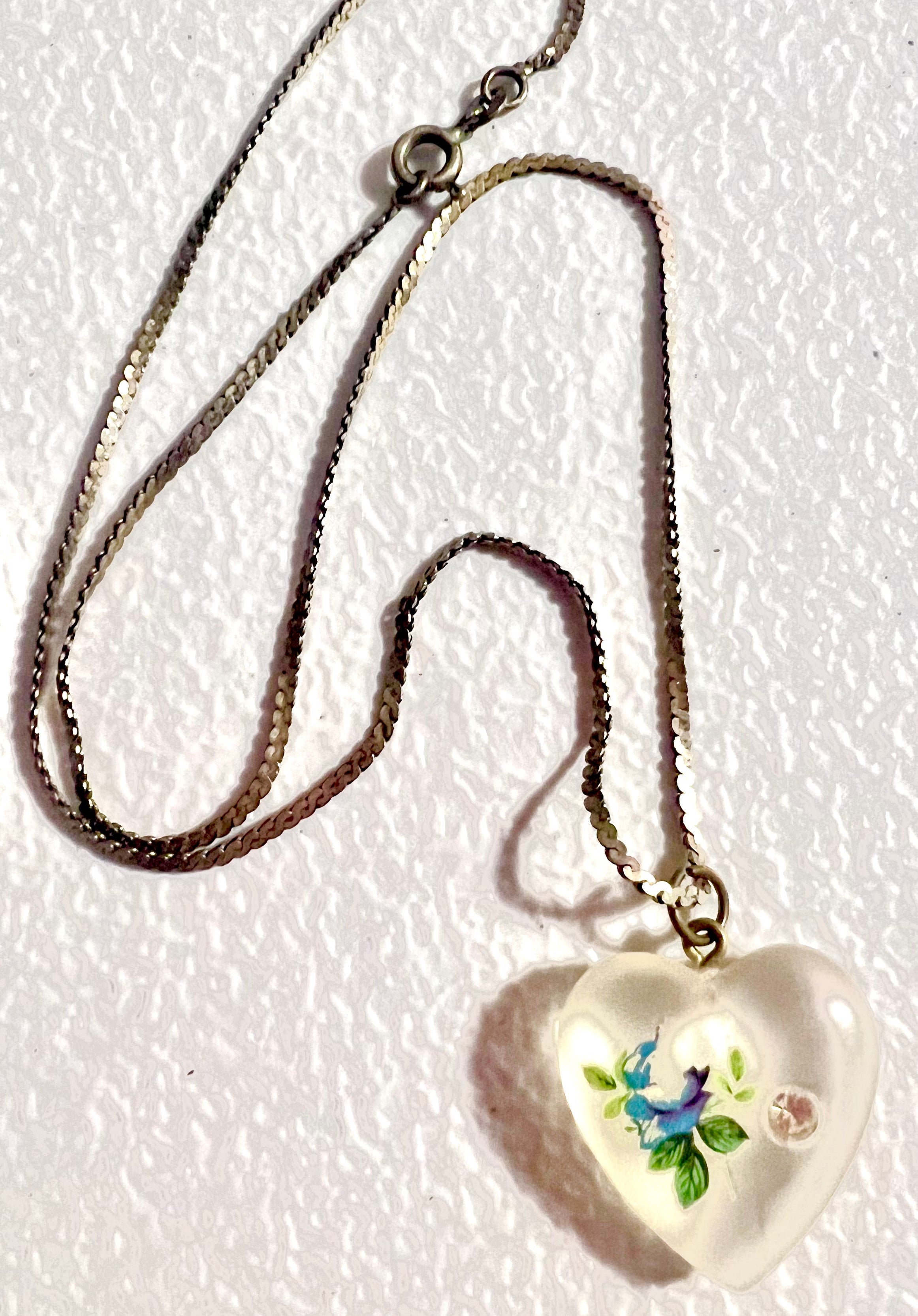 Vintage Frosted Heart with Blue Flower and CZ embedded in glass heart on a 16" 925 Sterling Silver chain