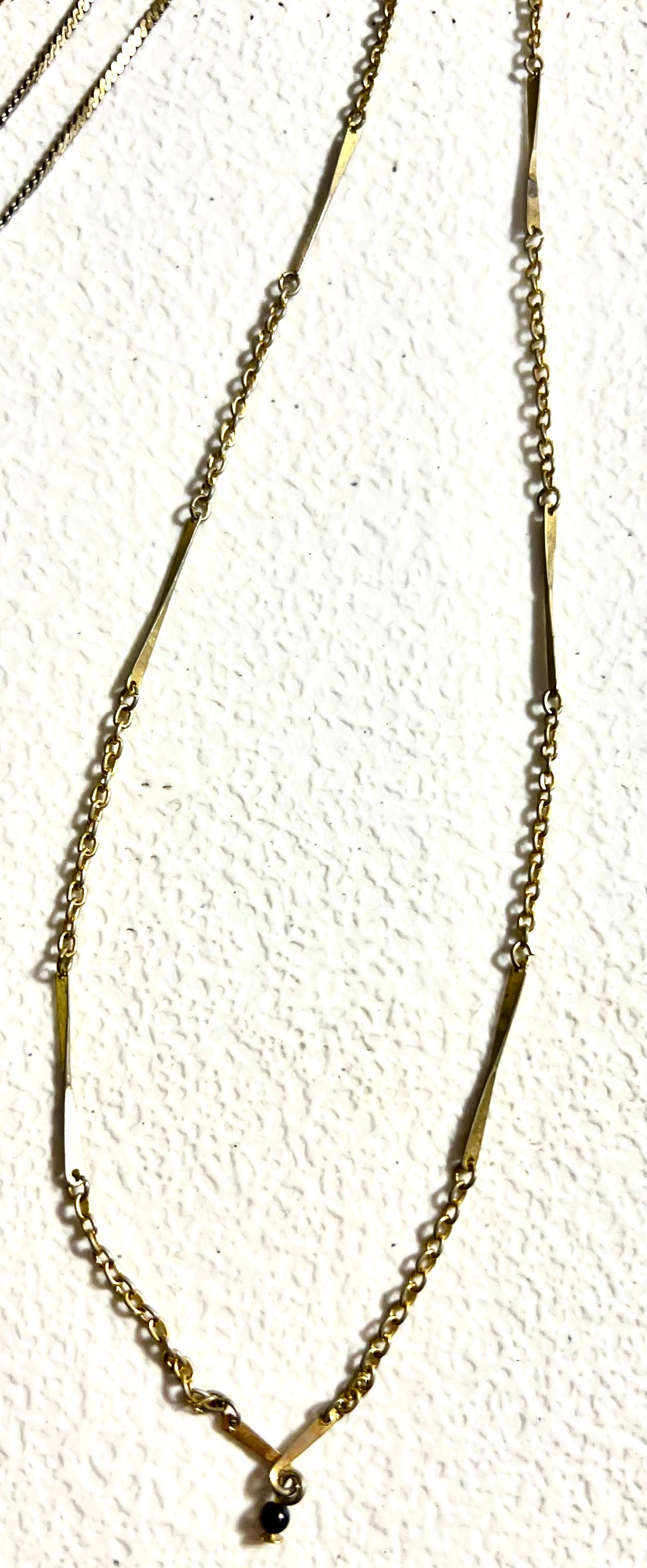Vintage Avon, gold tone chain with twisted bar, vintage necklace and twisted bar pendant with hanging black bead 15 inch necklace
