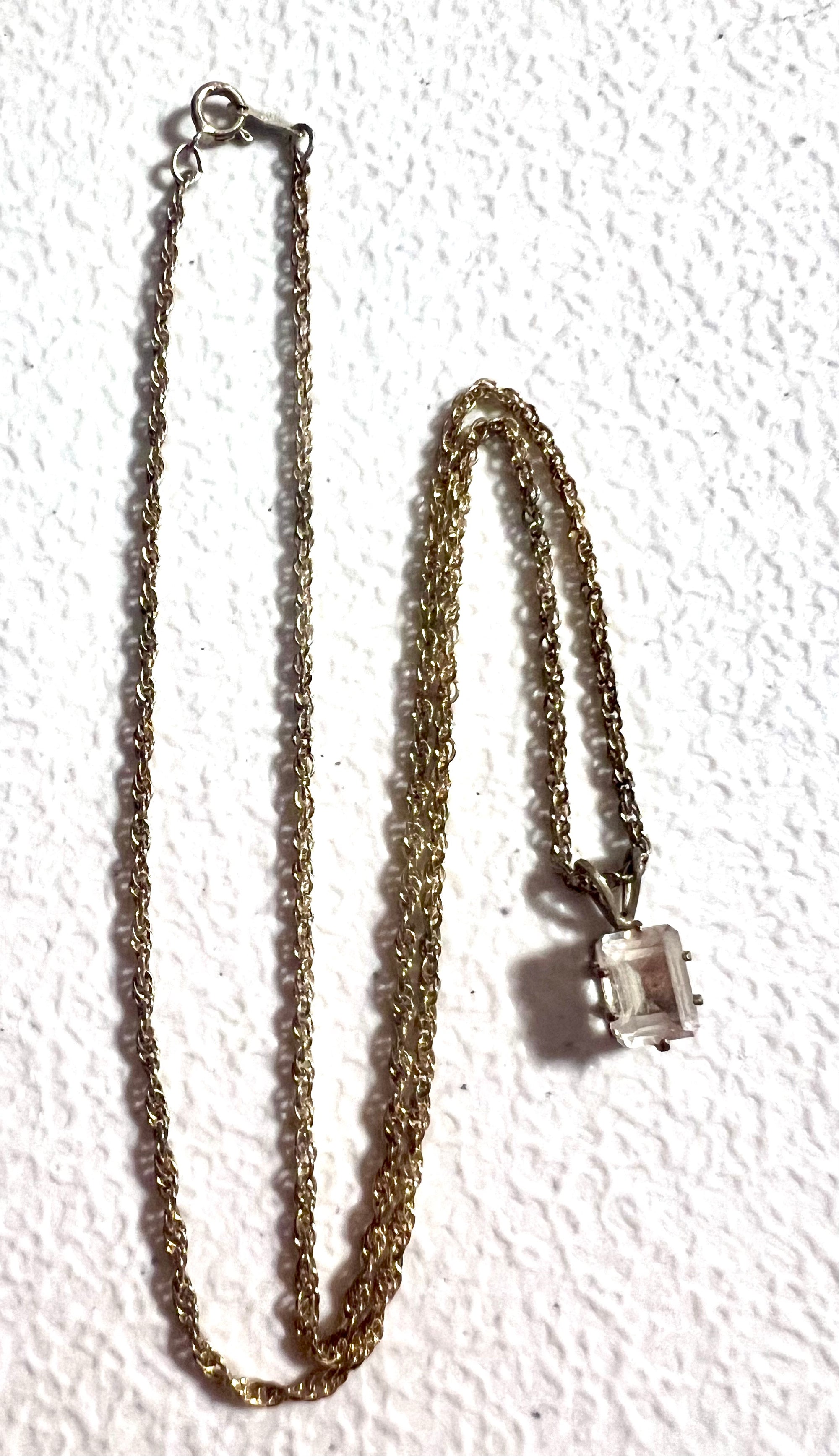 Vintage gold, plated, 925 sterling silver and cubic Zirconia emerald, cut pendant 18 inch length
