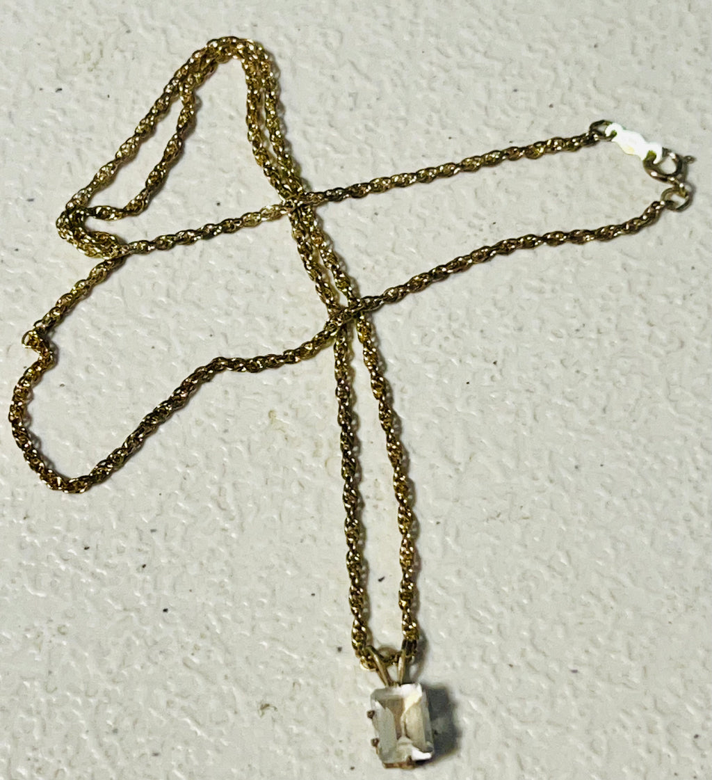 Vintage gold, plated, 925 sterling silver and cubic Zirconia emerald, cut pendant 18 inch length