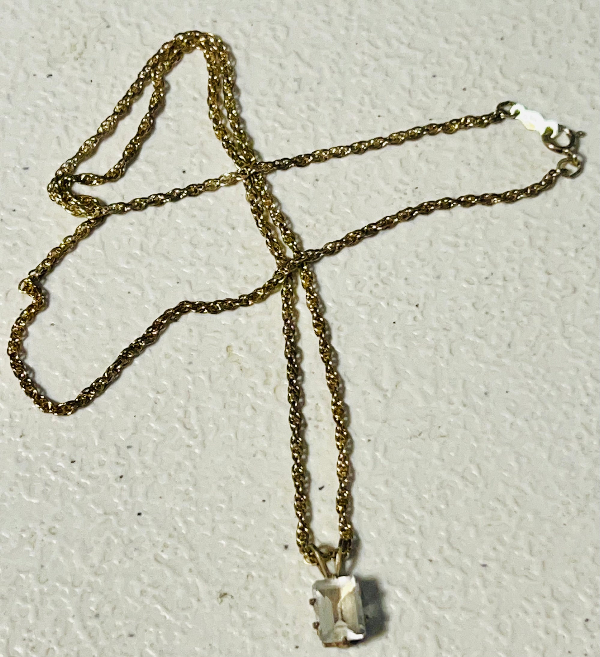 Vintage gold, plated, 925 sterling silver and cubic Zirconia emerald, cut pendant 18 inch length