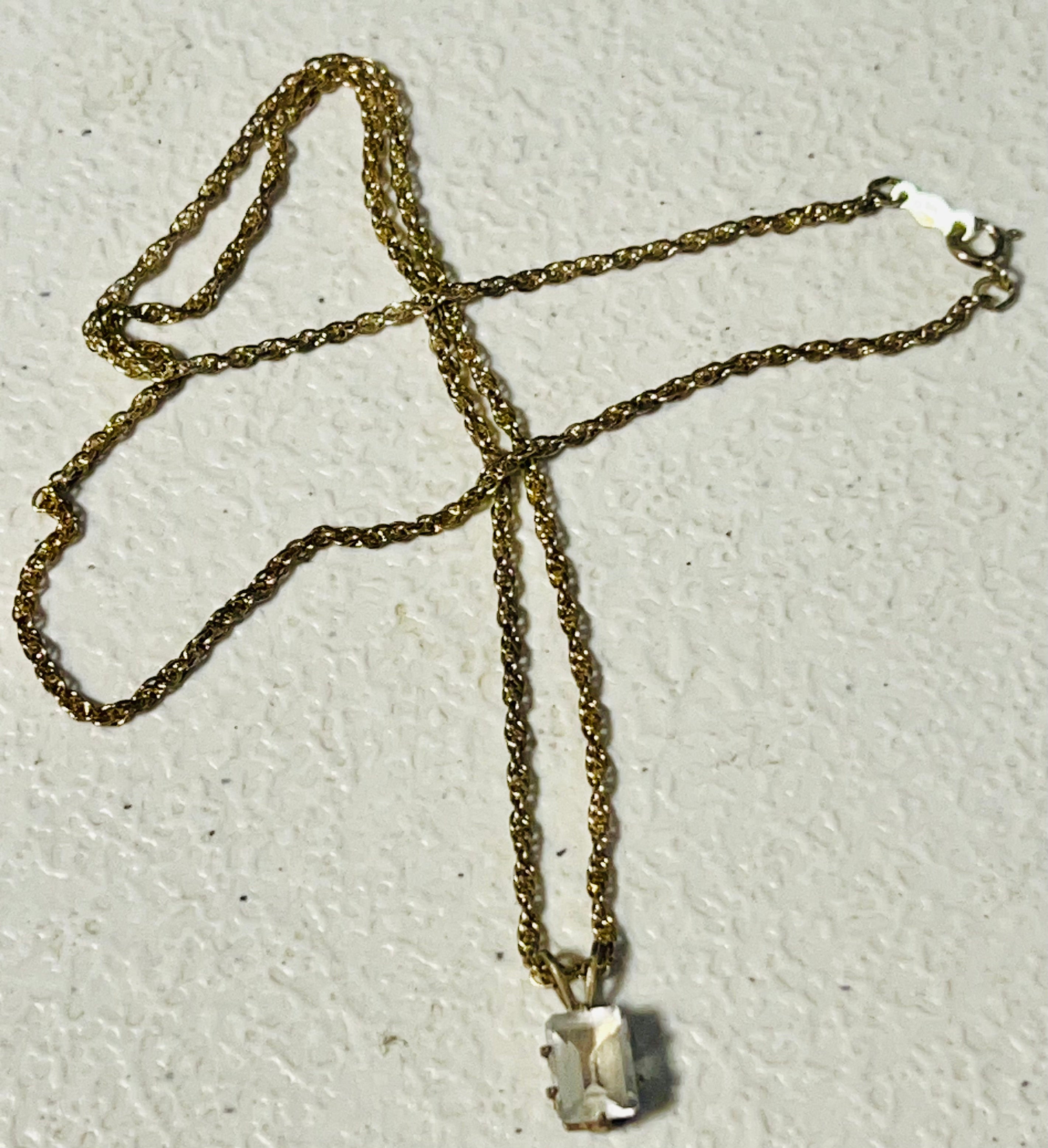 Vintage gold, plated, 925 sterling silver and cubic Zirconia emerald, cut pendant 18 inch length